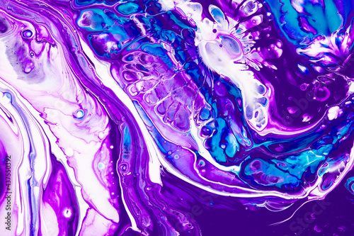 Fluid art texture. Backdrop with abstract mixing paint effect. Liquid acrylic picture with flows and splashes. Mixed paints for website background. Purple, blue and white overflowing colors.
