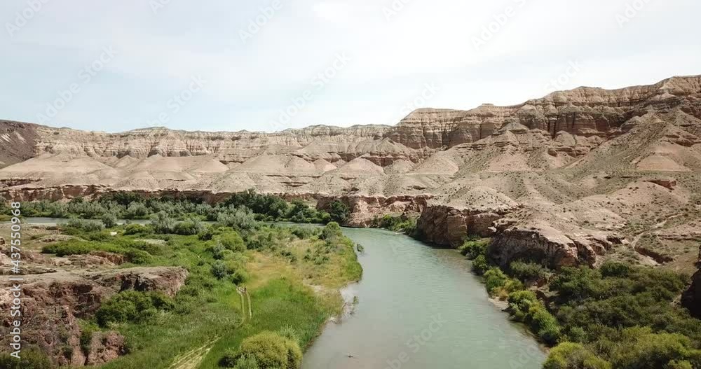 The river in the canyon. On the shore there are green trees, grass, fields and yellow reeds. Shooting with the drone. The steep cliffs of the canyon. Rapid river. Flying over the river. The river in the canyon. On the shore there are green trees, grass, fields and yellow reeds. Shooting with the drone. The steep cliffs of the canyon. Rapid river. Flying over the river.