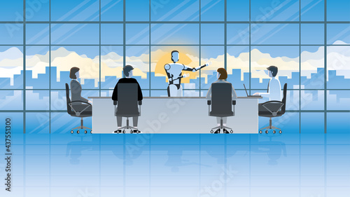 Robot gets attention from employee colleagues in serious meetings in the late evening of the working hour with sundown dusk sky. Business people work hard and brainstorm in the office conference room.