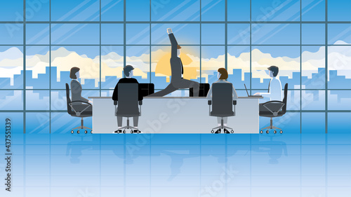 Meditation peaceful mind businessman poses yoga posture body balance in an office conference room. Get attention from colleagues after work serious meeting with sundown in dusk sky evening after work.