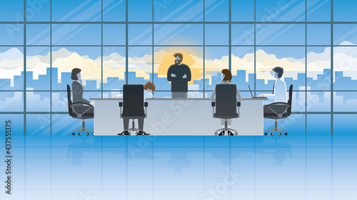 Angry boss looks at sleeping employee. Businesspeople brainstorm meeting in the late evening at an office conference room. Get attention from colleagues in serious stress with sundown in the dusk sky.