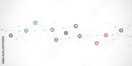 Information technology background with infographic elements and flat icons. Digital technology, network connection and communication concept. Vector illustration