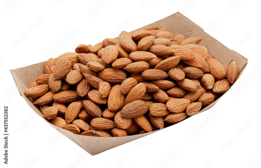 Peeled almonds in a craft box isolated on white, angled view. Template for designers Peeled almonds in a craft box isolated on white, angled view. Template for designers