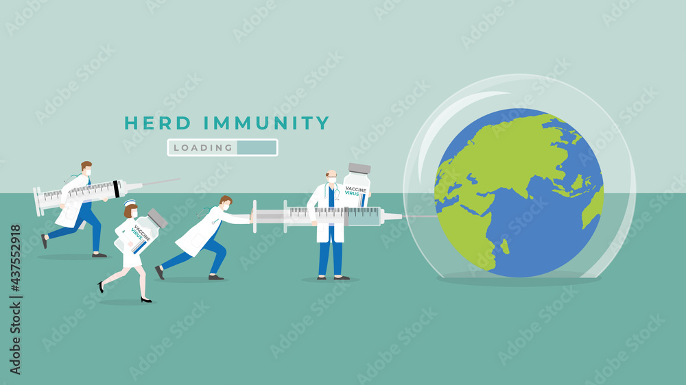 Herd immunity concept as virus protects bubble cover on earth. Medical staff doctors and nurses inject vaccine syringes to prevent and immunize people. Collaborate work to cure the world of pandemics.