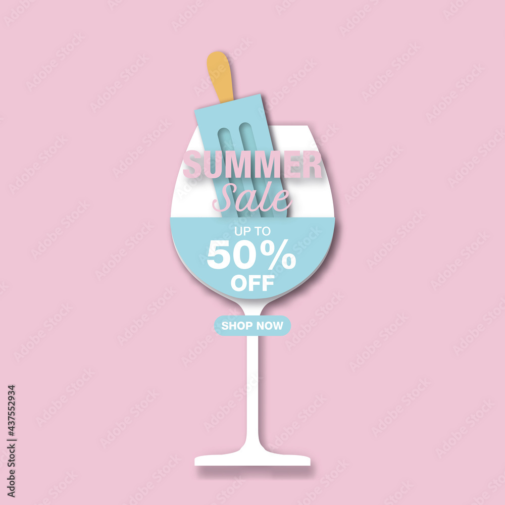 Paper Style. Summer Sale Banner template design with blue popsicle cocktail in paper cut style for social media promotion.