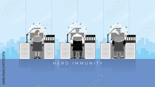Herd immunity concept as virus protects bubble on people head. An immunized person protected from the harmful effect of the virus return to normal life. Employees in office working room stay together.