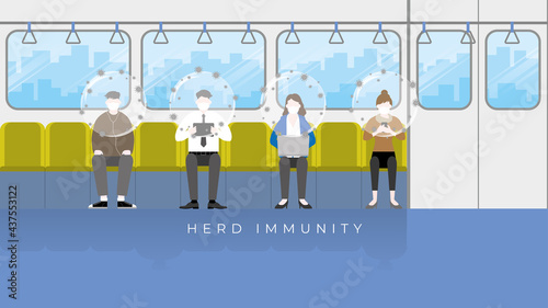 Herd immunity concept as virus protects bubble on people head. An immunized person prevents harmful effects of the virus returns to normal life. Social distance sitting in train public transportation.