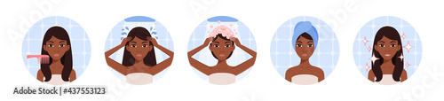 Beautiful African American Girl washes her Head in the Bathroom. Steps. A Black Woman combing her Foam. Girl with a Towel. Clean hair. Flat Cartoon Color Style. Vector.