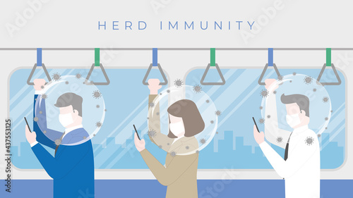 Herd immunity concept as virus protect bubble on people head. An immunized person prevents harmful effects of the virus returns to normal life. Social distance standing in train public transportation.