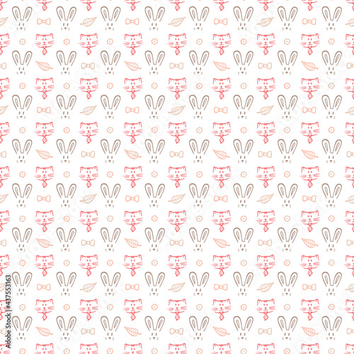 Cats and Rabbits Vector Seamless pattern. Hand Drawn Doodle Pets. Animal Background for kids