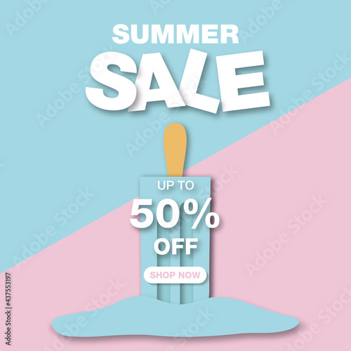 Paper Style. Summer Sale Banner template design with melting blue popsicle in paper cut style for social media promotion.