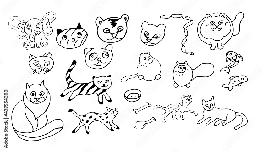 Cats muzzles offset set vector doodle illustration. Print textile wallpaper background coloring children's picture decoration cartoon hand drawn patern seamless Cats muzzles offset set vector doodle illustration. Print textile wallpaper background coloring children's picture decoration cartoon hand drawn patern seamless