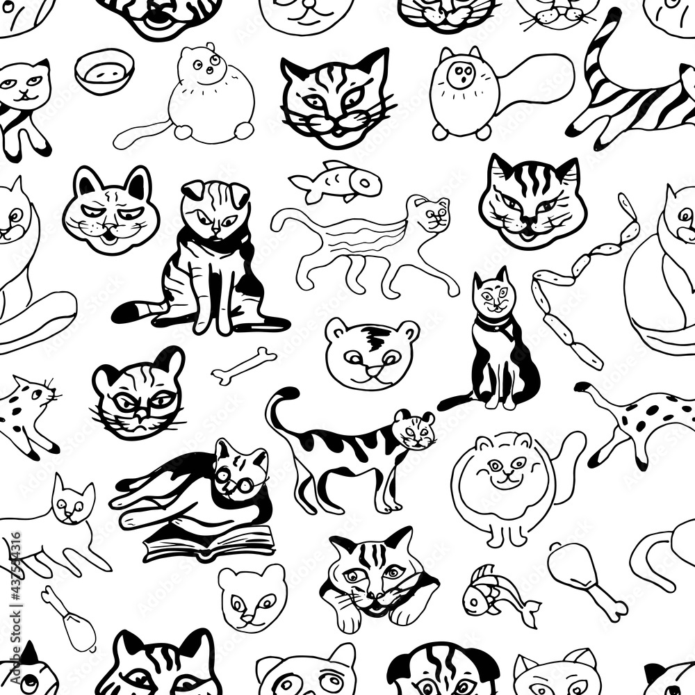 Cats muzzles offset set vector doodle illustration. Print textile wallpaper background coloring children's picture decoration cartoon hand drawn patern seamless