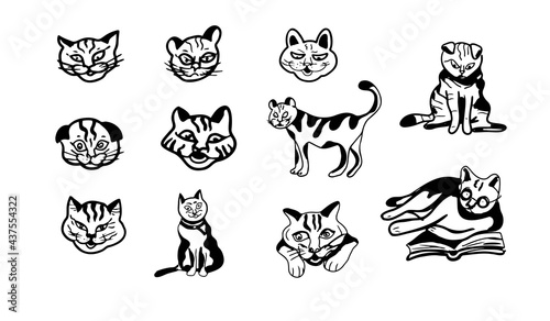 Cats muzzles offset set vector doodle illustration. Print textile wallpaper background coloring children's picture decoration cartoon hand drawn patern seamless