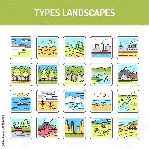 Types landscapes line icons set. Isolated vector element.