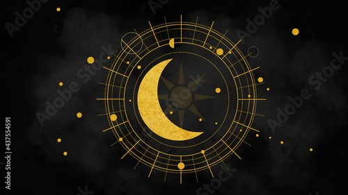 The sun, moon and stars with a magical and astrological design. With a gold, vintage edit.