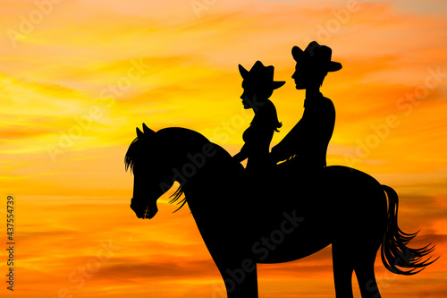 illustration of couple riding together at sunset