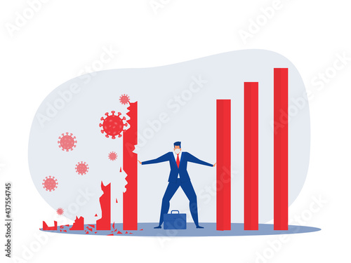Businessman tries to stop domino effect flat illustration about coronavirus or covid 19 Vector