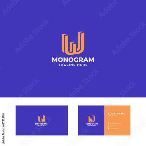 Simple and minimalist orange 3d slant letter W logo in blue background with business card template