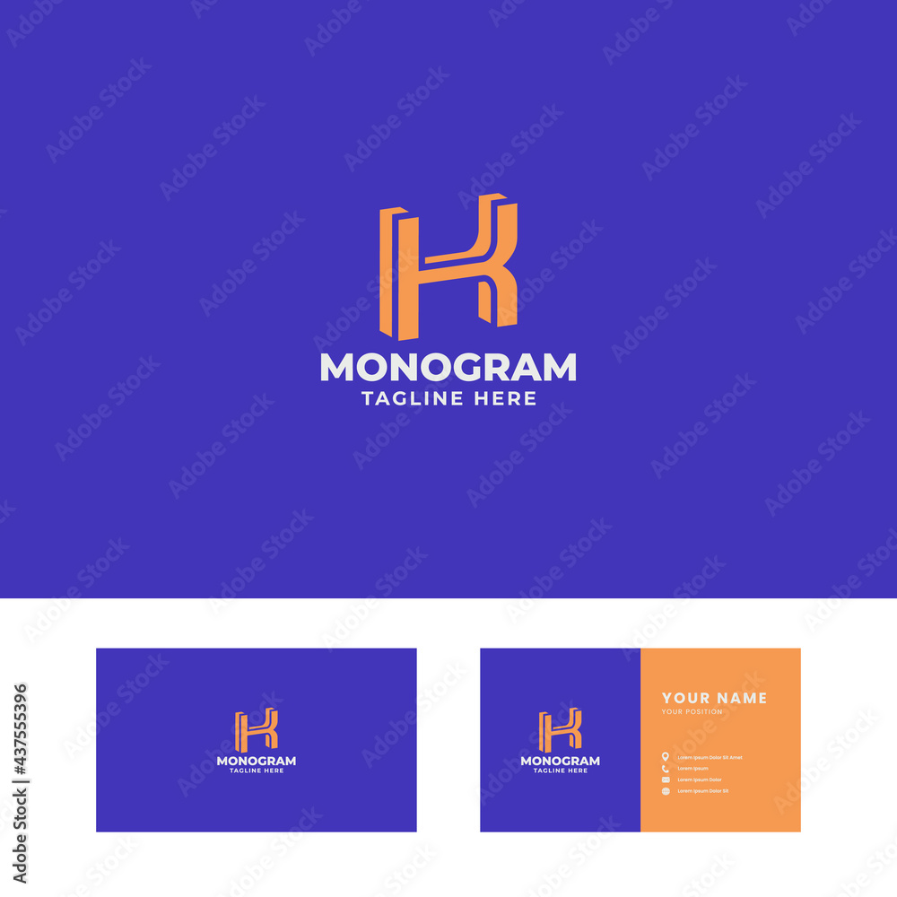 Fototapeta premium Simple and minimalist orange 3d slant letter K logo in blue background with business card template