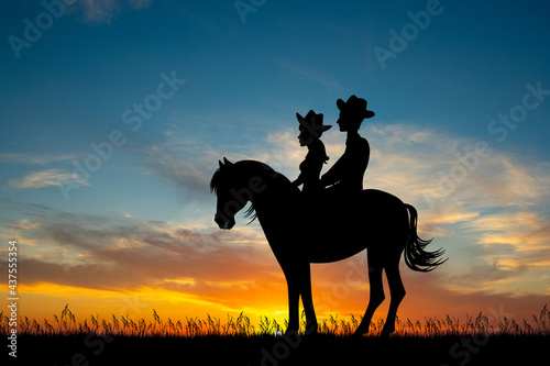 illustration of couple riding at sunset