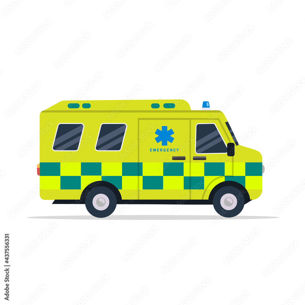 Ambulance car isolated on background. Yellow  and green ambulance medical service in flat style. Vehicle emergency. Vector stock