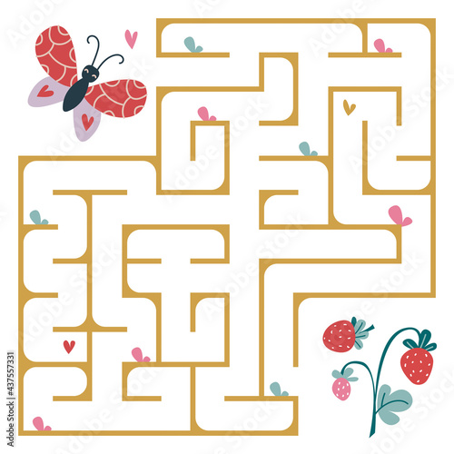 The butterfly flies to the strawberry through the maze. A square maze in beautiful delicate colors. Labyrinth for a child s problem. The development of preschoolers. Vector illustration cute