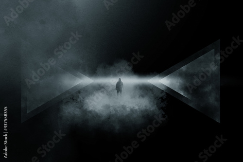 A minimal grainy design of a man standing between a light beam with a geometric science fiction edit.