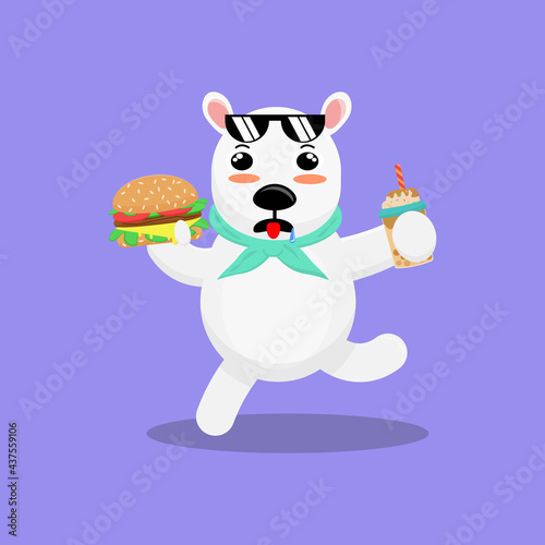 Illustration vector graphic cartoon of cute polar bear eating burger and drinking bubble milk tea. Childish cartoon design suitable for product design of children's books, t-shirt etc