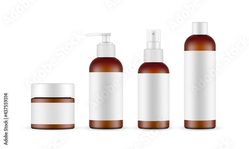 Cosmetic Amber Bottles Mockups with Labels Isolated on White Background. Vector illustration