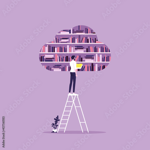 Cloud library and Online education concept, Online library with user reading on cloud virtual bookshelf storage