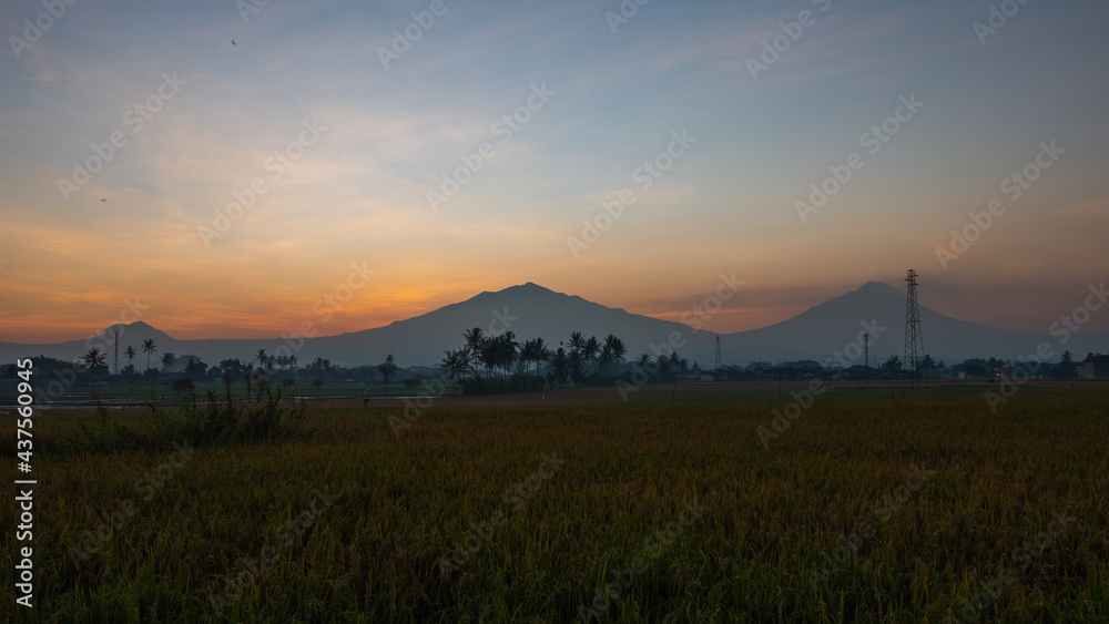 A view of Mount Merapi and Mount Sumbing in early morning