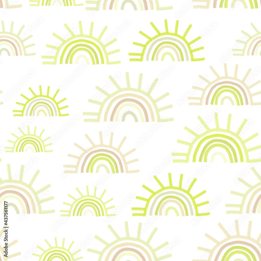 A seamless pattern of suns in a Scandinavian style, isolated on a white background. Digital illustration with imitation paint. Design for children, posters, prints, postcards, fabrics, textiles. A seamless pattern of suns in a Scandinavian style, isolated on a white background. Digital illustration with imitation paint. Design for children, posters, prints, postcards, fabrics, textiles.