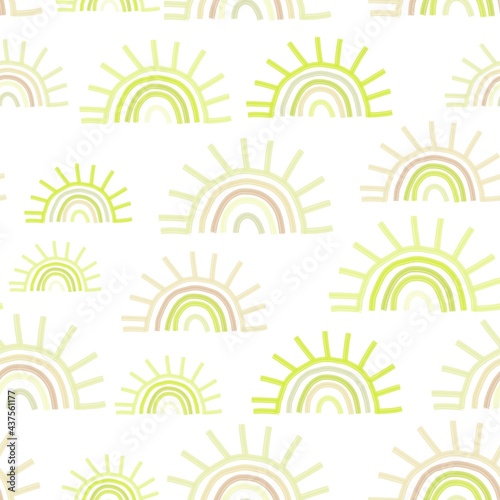 A seamless pattern of suns in a Scandinavian style, isolated on a white background. Digital illustration with imitation paint. Design for children, posters, prints, postcards, fabrics, textiles.