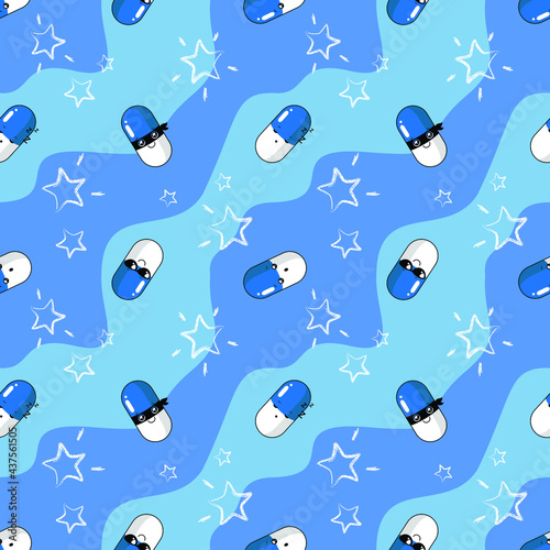 Medicines, pills emoji blue and white on a blue background with stars. Antibiotics, antidepressants, vitamins, analgesics. Print, printing on fabric. Seamless pattern. Vector illustration