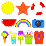 Cute summer set of 11 icons. Vector illustration in flat style.