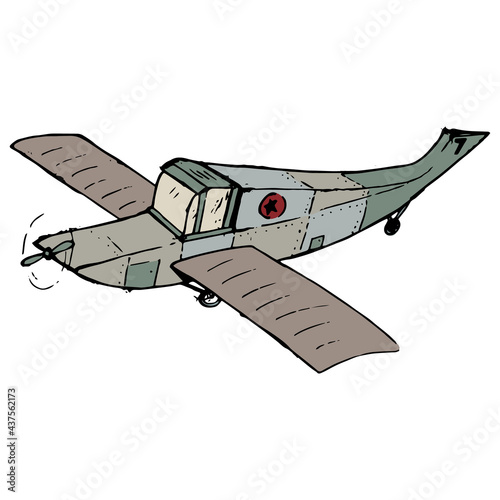 Vintage airplane vector illustration. Aircraft ink sketches. Gray and green plane isolated plane drawing. Retro travel flight transportation theme. 