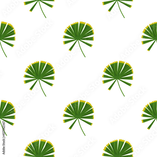 Isolated simple nature seamless pattern with doodle green palm licuala silhouettes. White background.