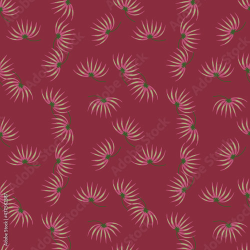 Nature seamless pattern with little random tropic bush elements. Pink background. Simple stylistic.