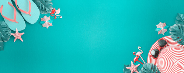 Summer holiday vacation background with beach accessories and tropical leaves