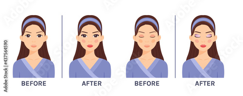 Makeup of a Beautiful Girl. Before After. Pretty Woman with open and closed eyes.Decorative Cosmetics on the Face. Flat cartoon color style. White background. Vector stock illustration.
