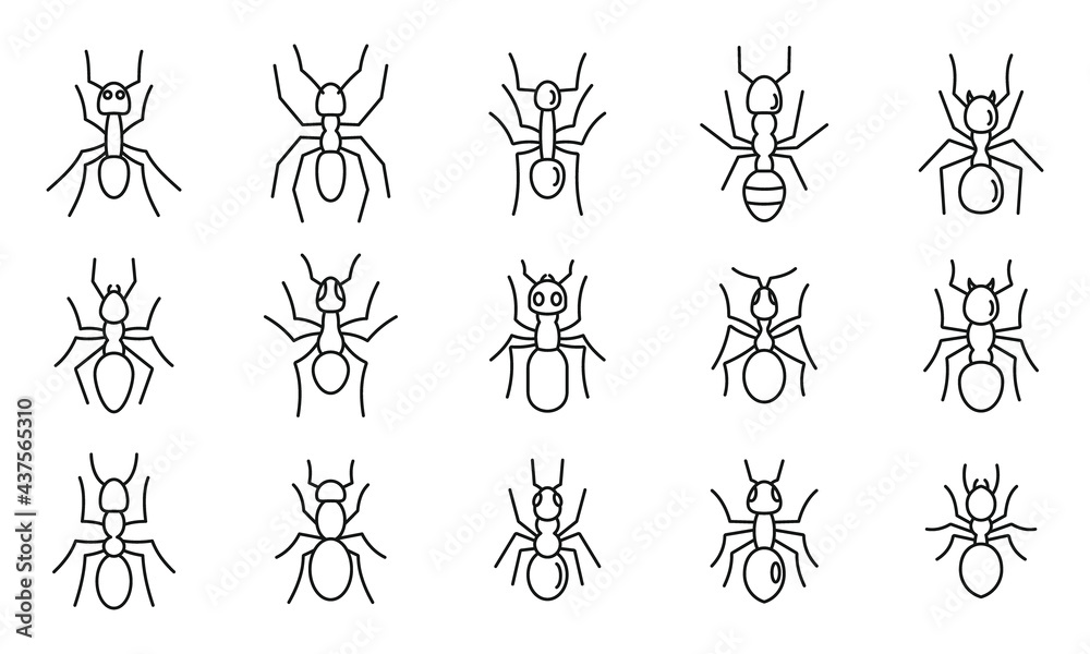 Wild ant icons set, outline style