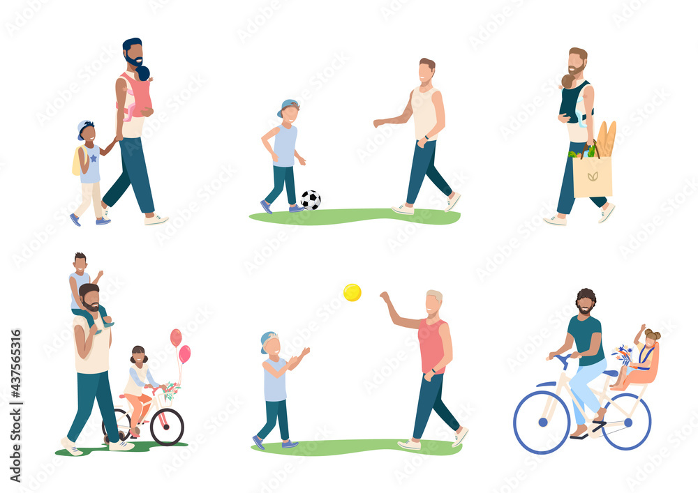 Set of happy young dad with children. Happiness of fatherhood, father's day, happy childhood. Dad and the child play ball, go to the store, walk and ride a bike. Vector illustrations. Set of happy young dad with children. Happiness of fatherhood, father's day, happy childhood. Dad and the child play ball, go to the store, walk and ride a bike. Vector illustrations.