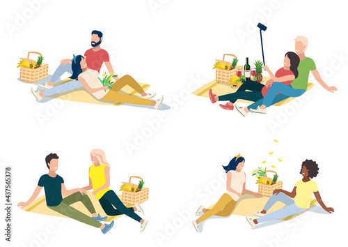 Set of vector illustration of a happy couple on a picnic lying on a blanket next to a basket with groceries on a white background. Young girls and young men have fun together in nature.