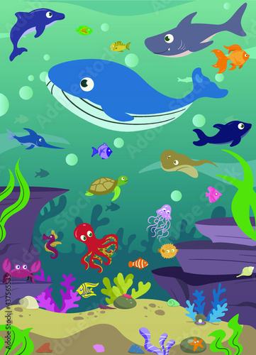 Underwater Aquatic Scene with Cute Adorable Fishes Water Corals Plants Rocks Sand. Ocean Background Scene. Underwater Elements Set. Kids Book Fishes Illustration Hand Drawn. Fishes undersea. Aquarium.