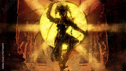 An acrobat with a dangerous hoop hung with sharp blades in an Indian-style cyber suit stands in the middle of an abandoned ancient temple, behind him a bright golden sun 2d illustration