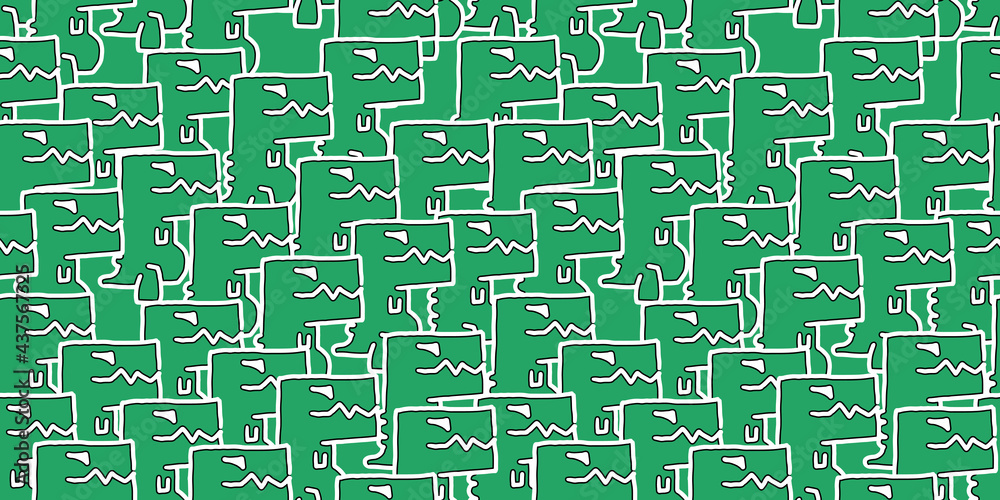 Dinosaurs seamless pattern, T-Rex cartoon characters on green background. 