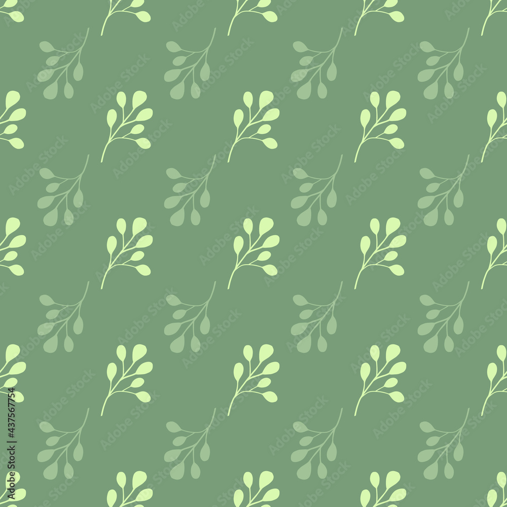 Doodle seamless pattern with vintage simple eucalyptus leaf elements. Pastel green background.