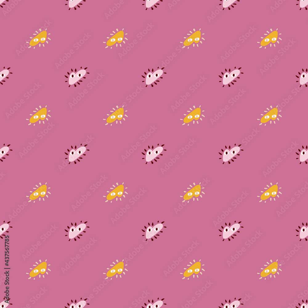 Yellow and lilac little abstract heart ornament seamless pattern. Pink background. Amour valentine artwork.
