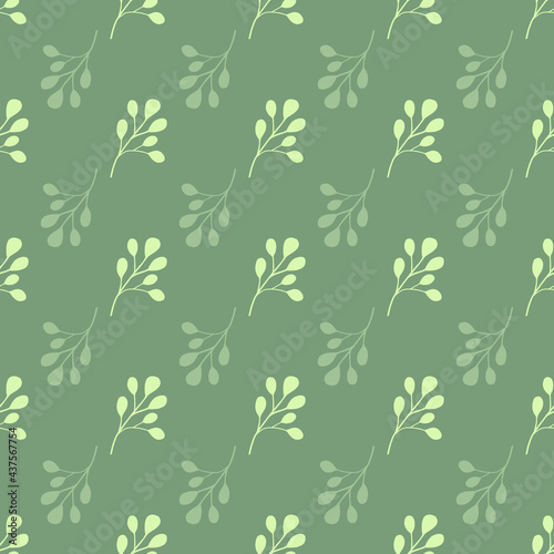 Doodle seamless pattern with vintage simple eucalyptus leaf elements. Pastel green background.